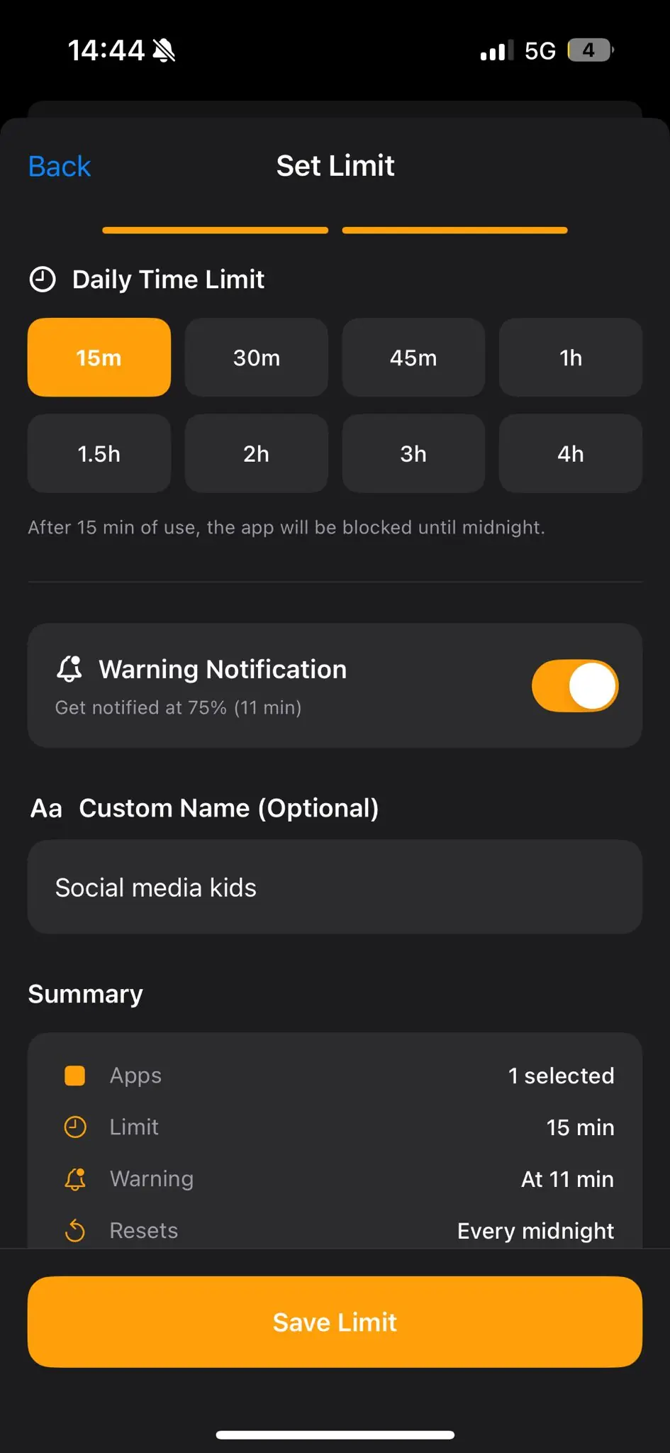 BLOCC daily limits screen - set per-app time limits to control daily screen time